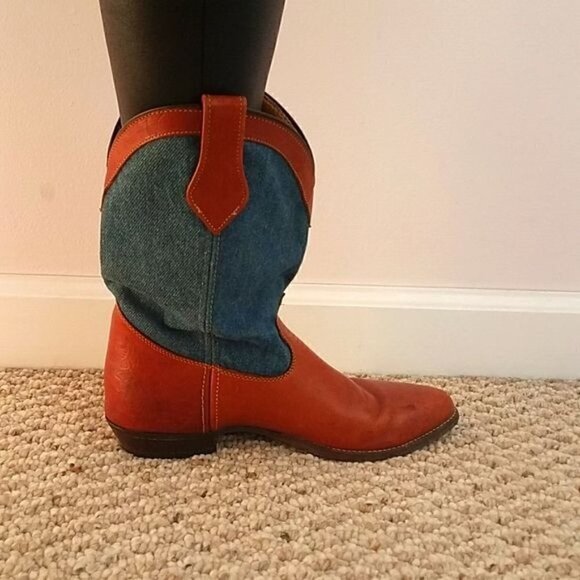 Vintage 1980s Frye Denim and Tooled cognac  Leather  Western Boot 8 - Picture 15 of 15